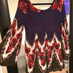 Free People Floral Motif Bell Sleeve Mini Dress